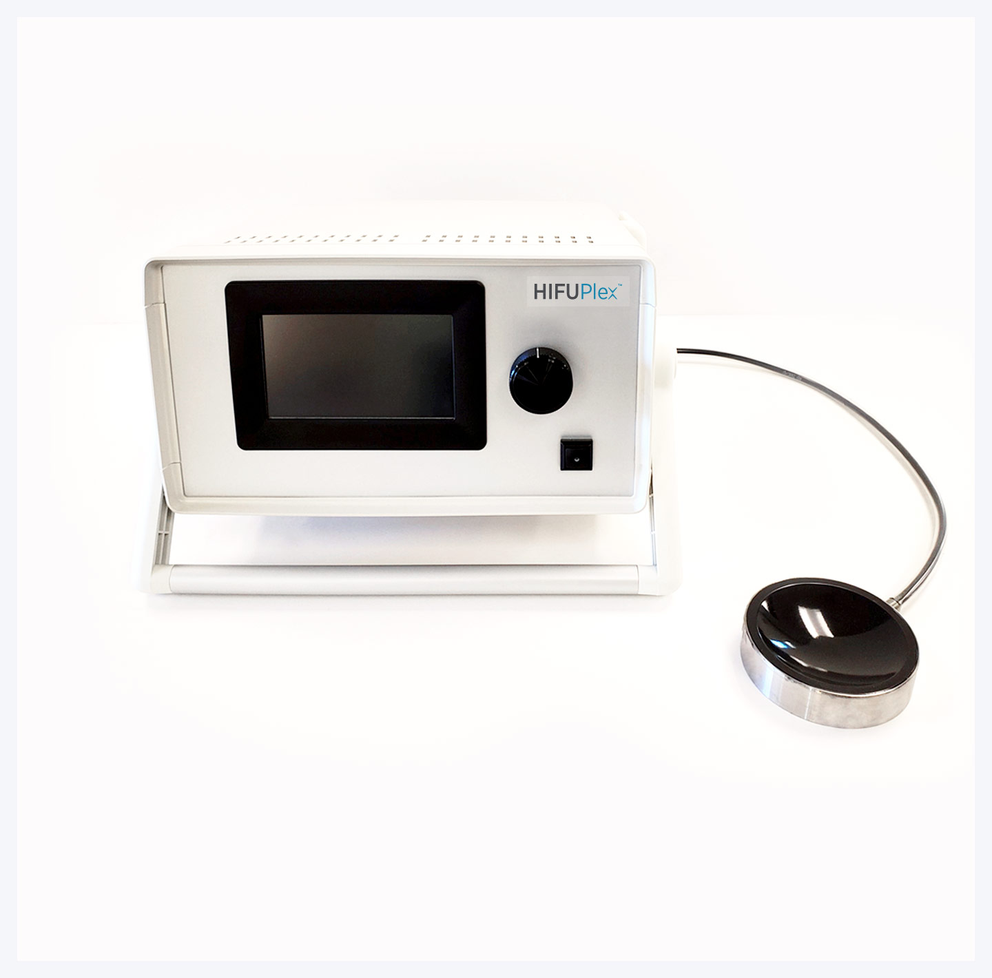 White microwave oven with black control panel and door handle on white background
