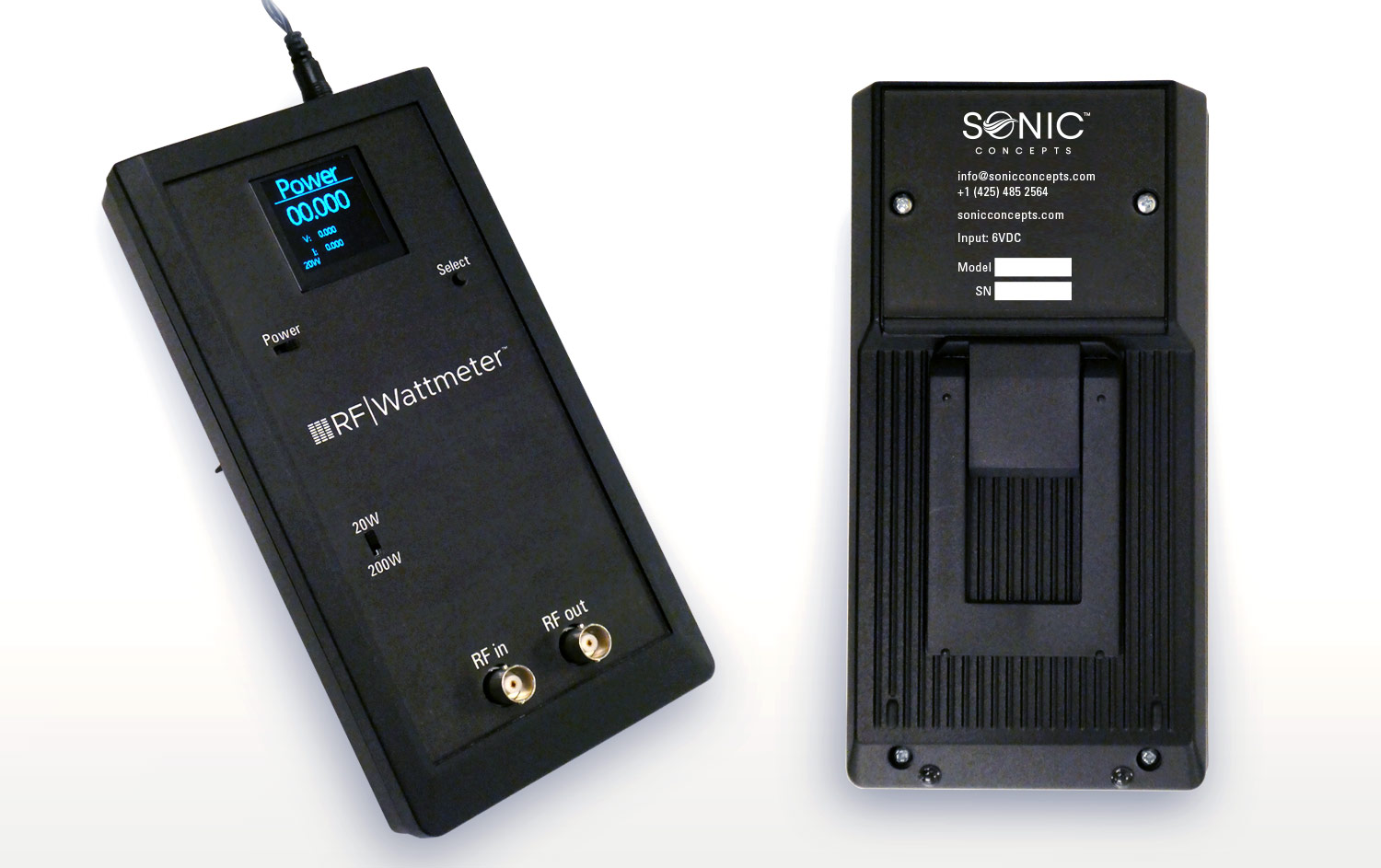 Two black electronic devices, one appears to be a handheld radio or communication device and the other a larger rectangula...